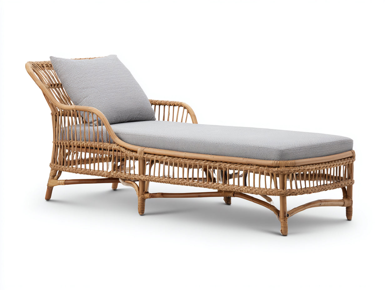 Tumbonas Tumbona de ratán 188x70x86 cm Natural con cojines grises - Estilo mediterráneo