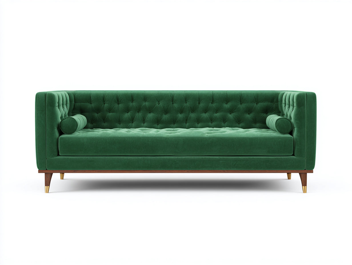 Sofás 2 plazas 180x82x78 cm - terciopelo verde y patas de madera - diseño capitoné - estilo moderno