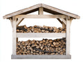 Leñero de exterior madera blanca envejecida 190x58x132 cm para jardín - techo inclinado rústico