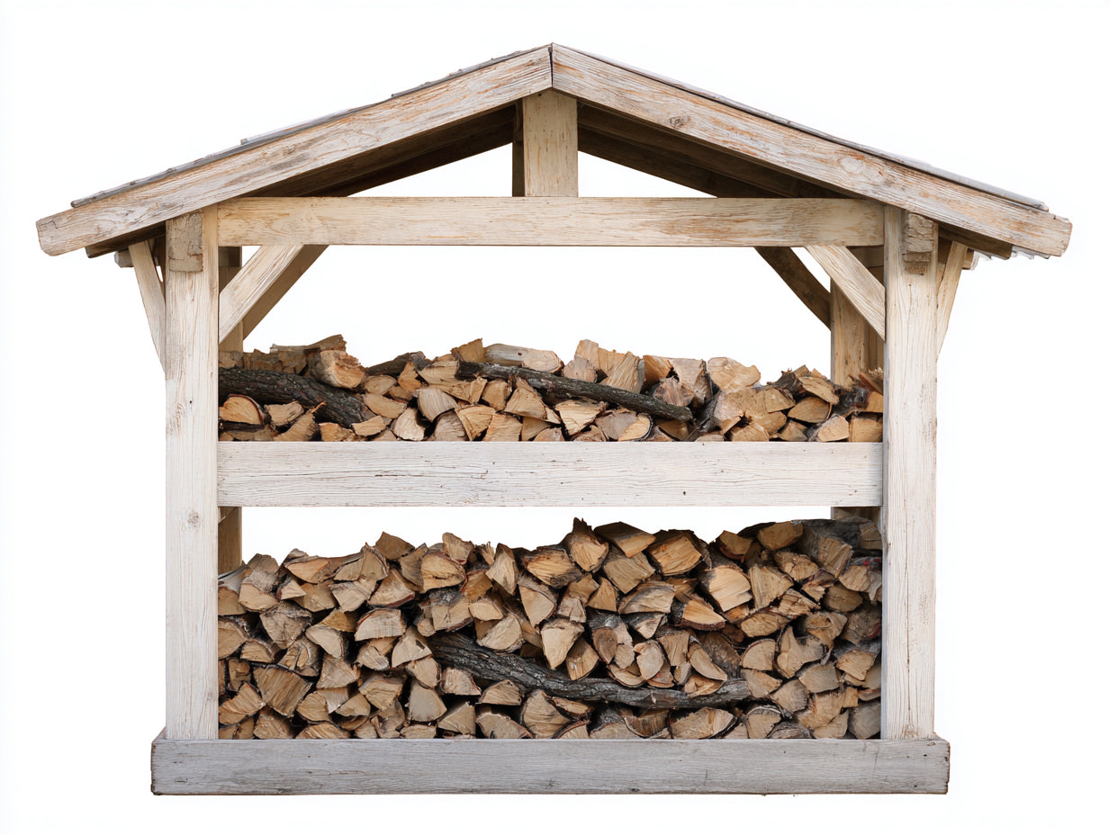 Leñero de exterior madera blanca envejecida 190x58x132 cm para jardín - techo inclinado rústico