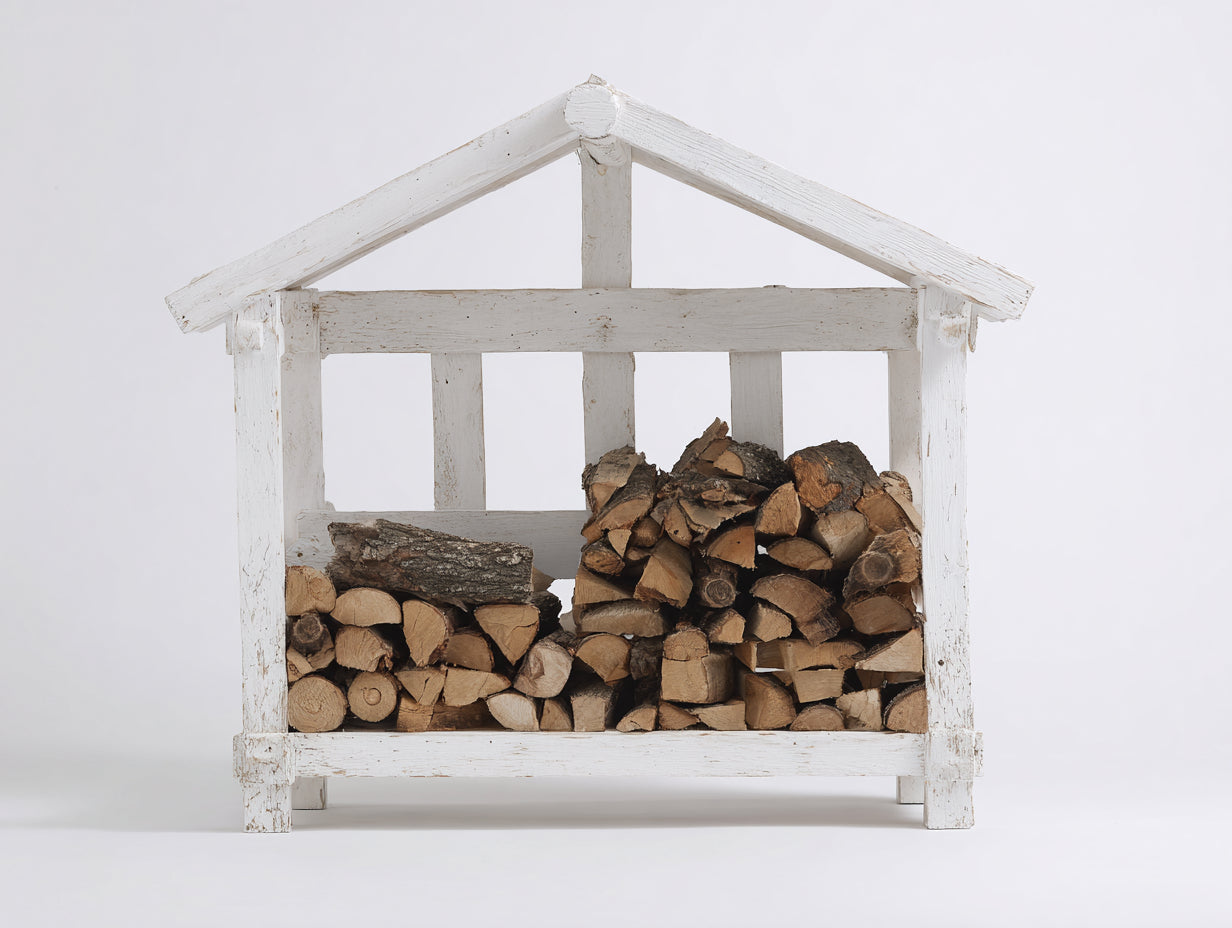 Leñero de exterior madera blanca 115x45x118 cm para jardín - diseño tipo caseta