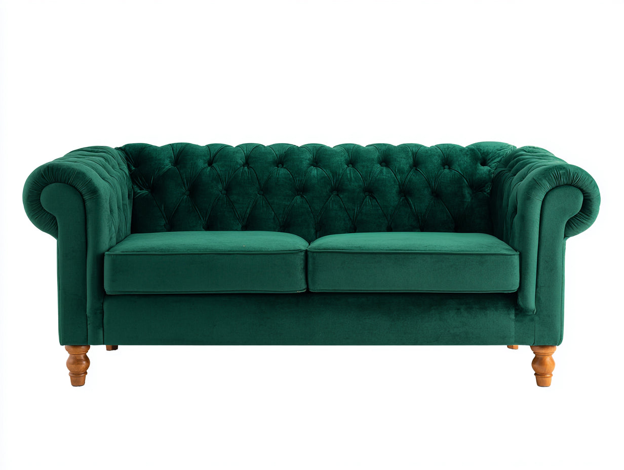 Sofás 2 plazas 175x88x76 cm - terciopelo verde y patas de madera - diseño capitoné - estilo clásico